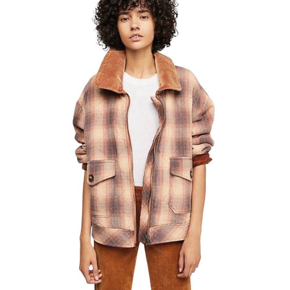 Free People Plaid Poconos Zip Up Quilted Jacket with cord collar Women's Size XS